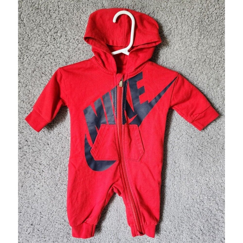 Nike Baby Red Hooded Coverall One Piece Bodysuit Zipper Unisex Size 3M